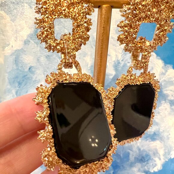 Large Costume Earrings - Gold/Black Chandelier Earrings with Ornate Metalwork - Picture 3 of 5